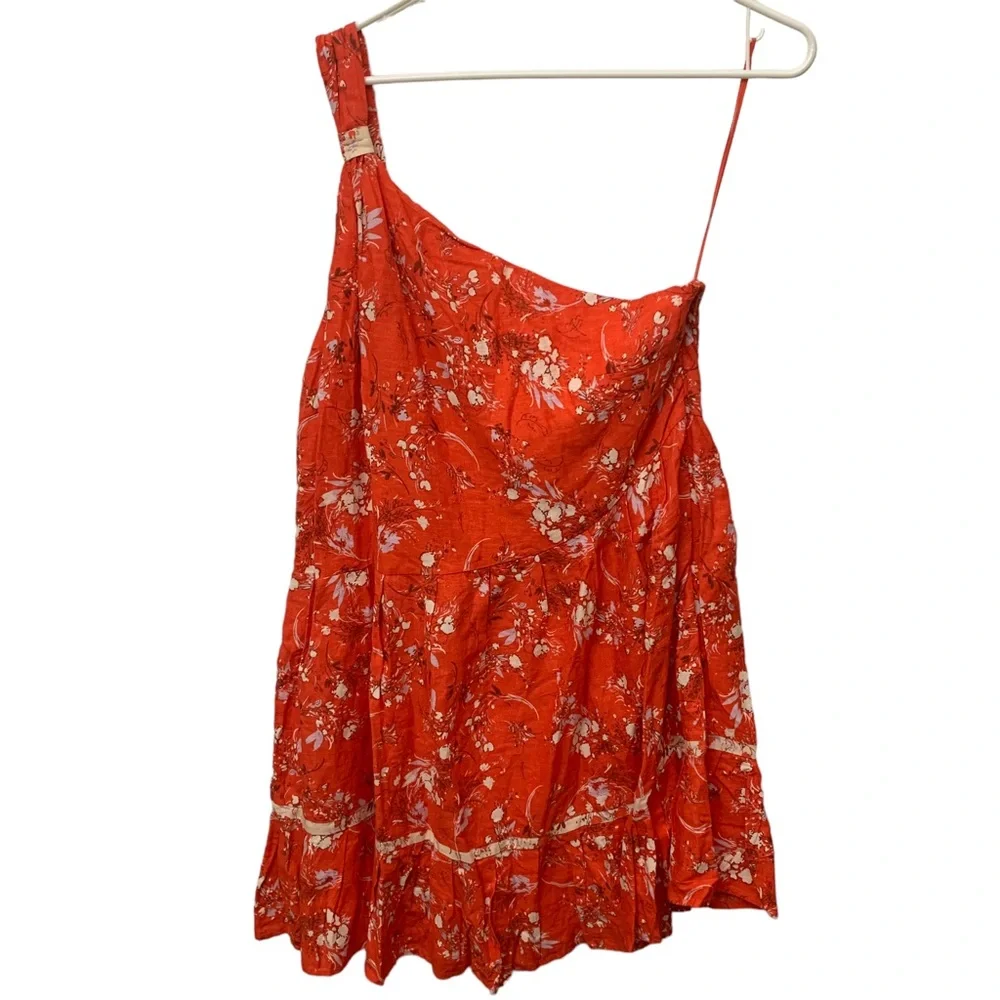 Free People One Shoulder Linen Floral Mini Dress Red Boho